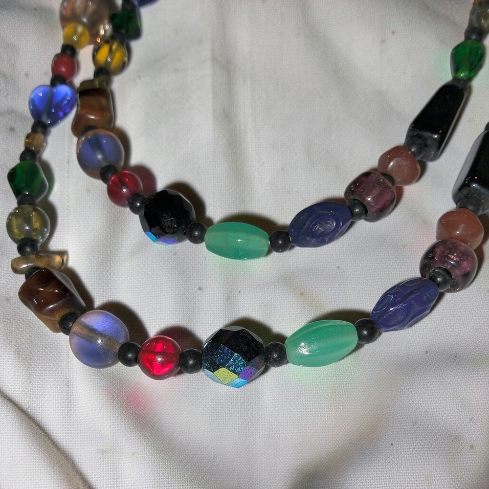 Vintage Multicolor Mixed Art Glass Bead Necklace 29in Harlequin Long Strand - Picture 6 of 15